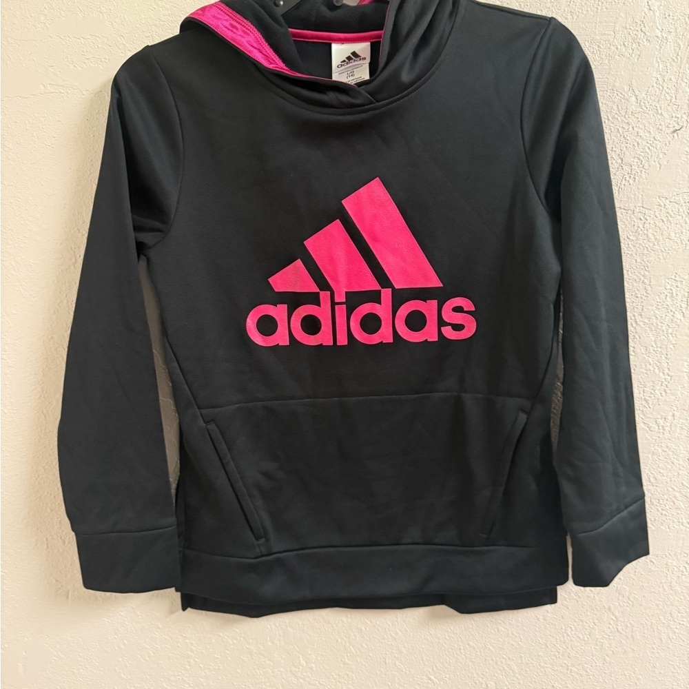 Adidas Youth Hoodie in Black with Vibrant Pink Accents